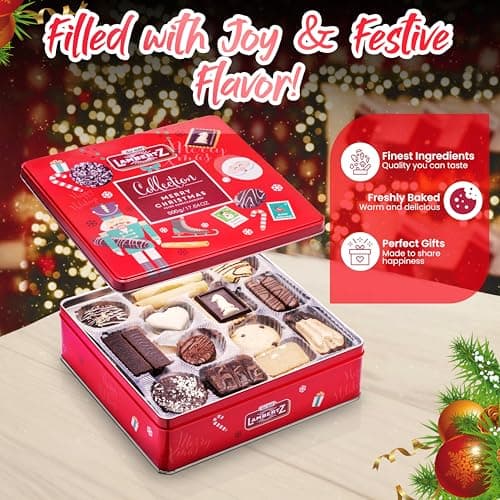 Lambertz European Holiday Cookie Tin – 64 Cookies, 12 Varieties, – Festive Gift Box Ready to Serve and Gift-Ready for Christmas and Office Sharing – 17 Ounces