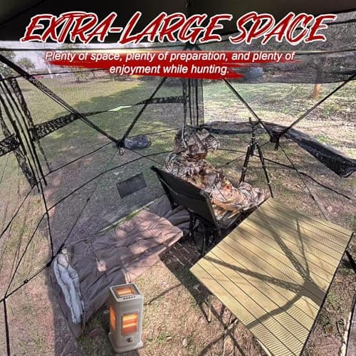 Wide Bottom Hunting Blind 1-3 Person with Portable Chair, 270 Degree See Through Pop up Ground Blinds for Deer Turkey Duck Hunting, Bow Hunting Adjust Windows with Silent Zipper