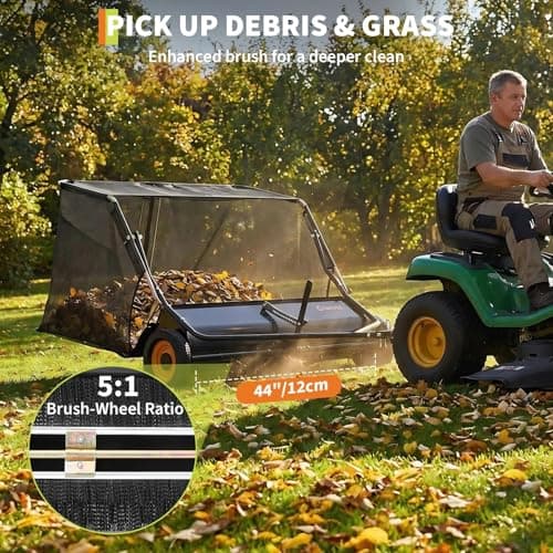 44 Inch Tow Behind Lawn Sweeper, 26 cu. ft. Large Pull Behind Grass Sweeper Heavy Duty Leaf & Grass Collector with Dumping Rope Design, Adjustable Sweeping Height for Yard and Grass Cleanup Tool