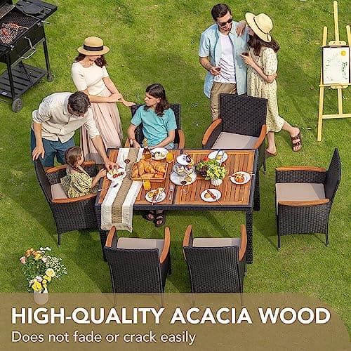 Devoko Dining 7 PCS Furniture, Patio Conversation Set with Acacia Wood Table Top, Outdoor, Beige Cushion and Black Rattan