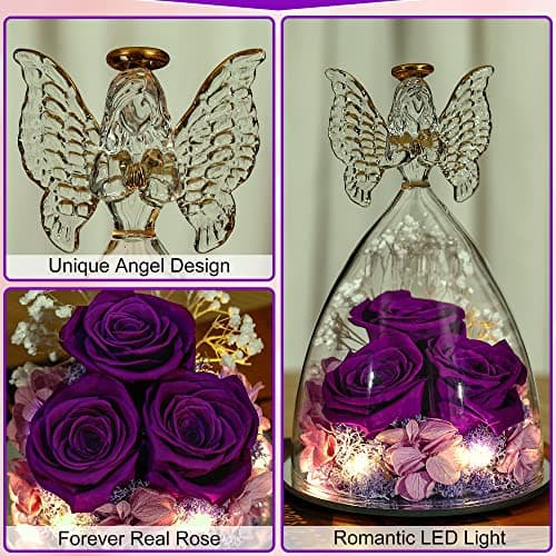 Christmas Rose Gifts for Women Preserved Real Flower in Glass Angel Figurines Roses for Delivery Prime Birthday Gifts for Mom Grandma Girlfriend Wife Her - Purple