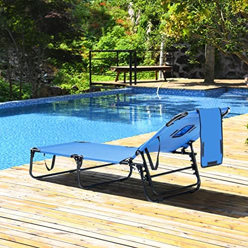 GYMAX Tanning Chair, 330lbs Beach Lounge Chair with Face Hole, Washable Pillow & Carry Strap, Adjustable Folding Chaise Lounge, Layout Lounger for Outside, Patio, Poolside, Lawn (1, Blue)