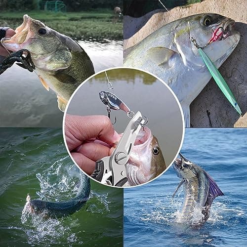 Fishing Pliers, Stainless Steel Fish Hook Remover 2PCS, Multi-Function Fishing Line Cutter Split Ring Opener, Fishing Braid Scissors Gear Accessories Fish Gripper with Lanyard Fly Fishing Tool