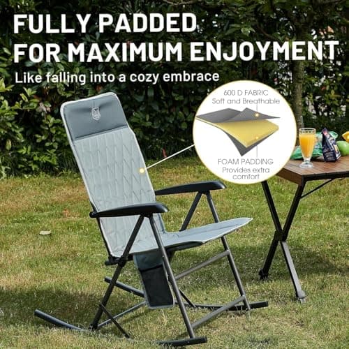 Timber Ridge 3-Level Adjustable Rocking Camping Chair, Padded High Back Outdoor Rocking Chair with Side Pocket, Portable Folding Rocker for Adults, Supports 300 LBS for Lawn, Patio, Porch