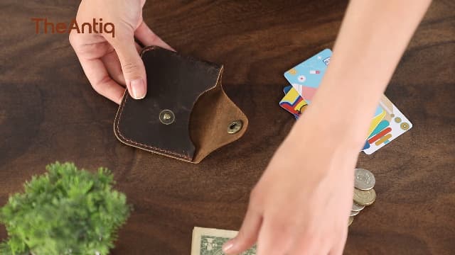 TheAntiq Brown Leather Card Holder Minimalist Wallet Handmade - Slim Credit Card Case with Button Closure - Compact Leather Card Case Holds Up to 4 Cards - Front Pocket Wallet for Men & Women