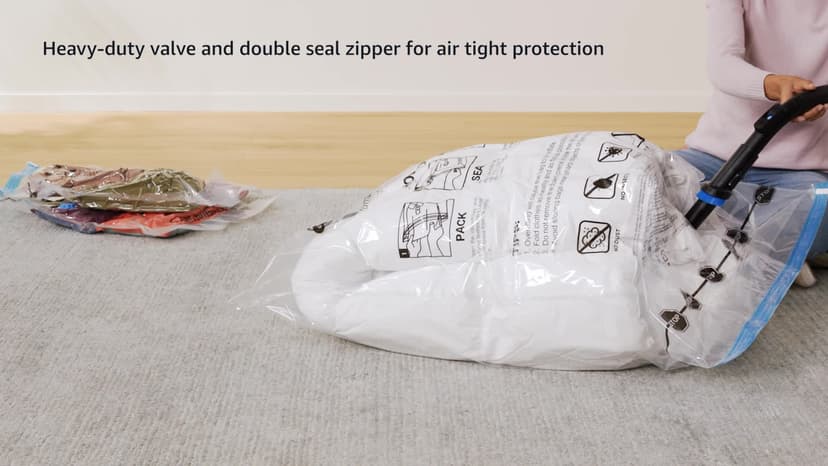 Amazon Basics Vacuum Compression Space Saving Storage Bags with Hand Pump for Clothes Packing, Pack of 15, Multiple Sizes, White