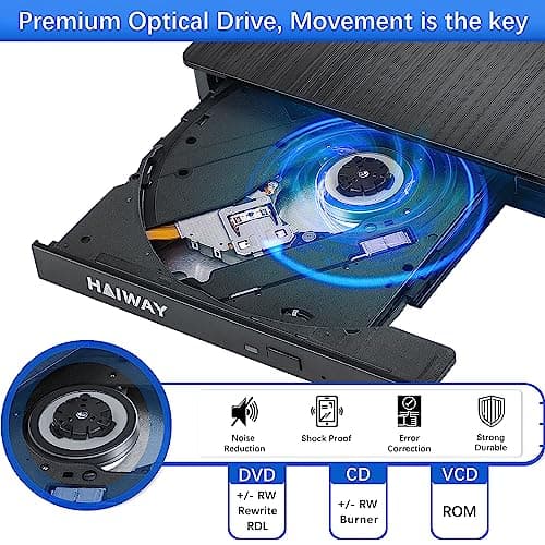 Haiway External DVD Drive, USB 3.0 Type-C CD Burner Portable CD DVD +/-RW Optical Drive Slim CD DVD ROM Rewriter CD/DVD Player Writer Reader for Laptop Desktop MacBook PC Windows Linux Mac OS (Black)