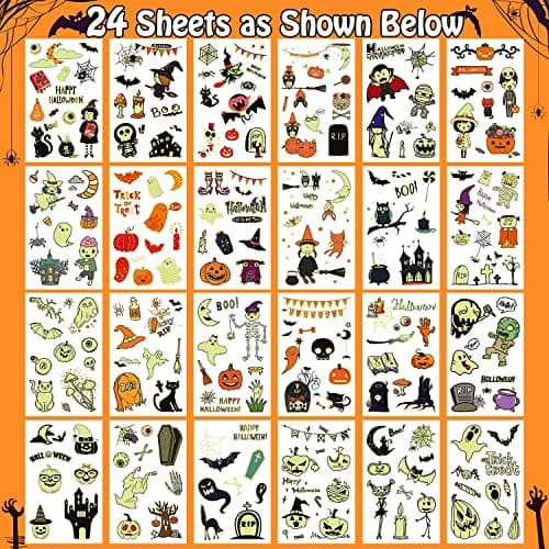 Partywind 250 Styles Glow Halloween Party Supplies, Luminous Halloween Temporary Tattoos for Kids Birthday Party Decorations Favors, Halloween Goodie Bag Fillers (24 Sheets)