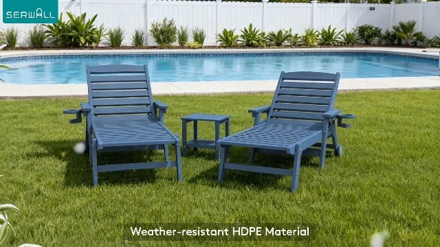 SERWALL Patio Chaise Lounge Chair Set of 2, 78'' Long 5-Positions Adjustable HDPE Outdoor Lounger for Pool, Poly Lounge Chair with Rolling Wheels & Cup Holder for Poolside, Deck, Blue