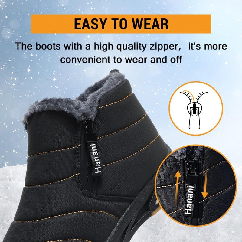 Hanani Mens Snow Boots Waterproof Winter Boots for Men Fur Lined Warm Ankle Boots Zipper Closure Slip on Outdoor Boot Comfortable Walking Shoes