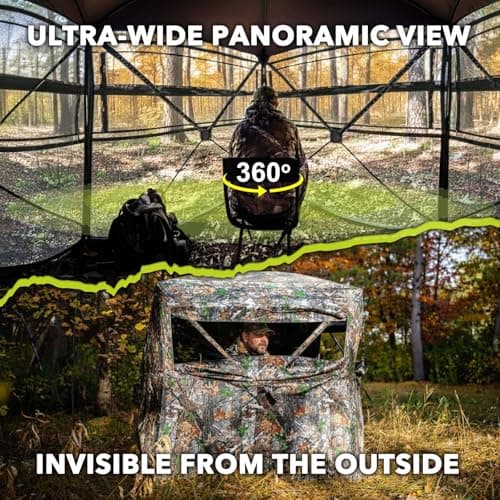 Hunting Blind 360 See Through Ground Blind for Turkey & Deer Hunting, 2-3 Person Pop Up Camouflage Tent