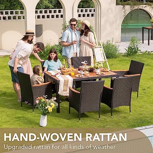 Devoko Dining 7 PCS Furniture, Patio Conversation Set with Acacia Wood Table Top, Outdoor, Beige Cushion and Black Rattan