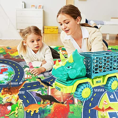 Dinosaur Truck Toys for Kids 3-5, Triceratops Car Toy with 15 Dino Figures,Large Activity Play Mat, Dinosaur Eggs, Dinosaur Play Set for Boys and Girls,Christmas Xmax,Stocking Stuffers