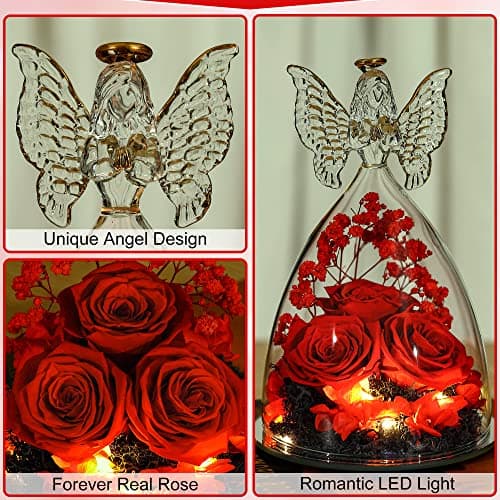 Mothers Day Mom Gifts for Women Preserved Flowers in Glass Angel Forever Flowers Gifts Eternal Roses Gifts for Grandma - Red