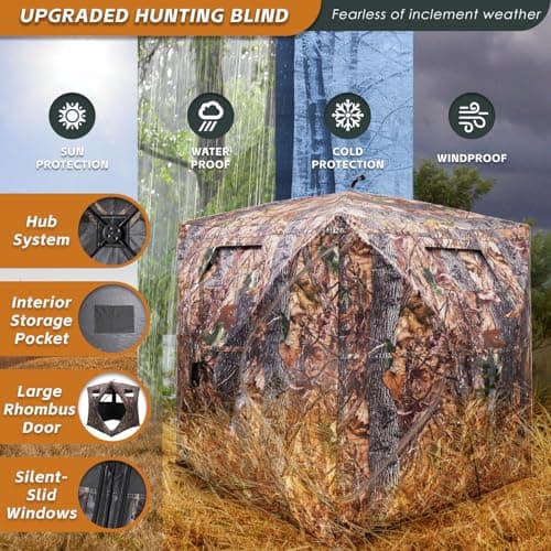FUNHORUN Hunting Blind with Floor Mat, 360 Degree See Through Ground Blind with Carrying Bag, 2/3/4 Person Pop Up Camouflage Tent Portable Concealed Shelter