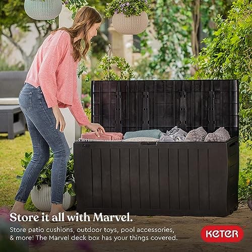 Keter Marvel Plus 71 Gallon Resin Outdoor Storage Box for Patio Furniture Cushions, Throw Pillows, Garden Tools and Pool Floats, Brown