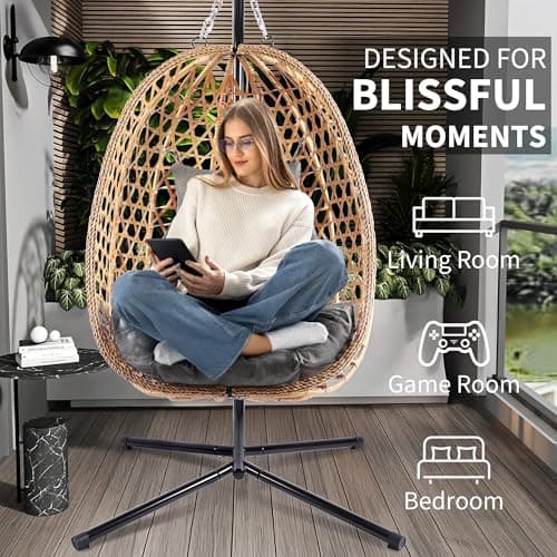 LEX CRAFT Egg Chair with Stand, Patio Wicker Hanging Chair, Hammock Swing Chair, 350LBS Capacity for Bedroom, Balcony, Garden (YE-GR)