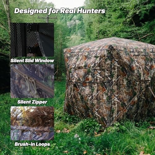 Hunting Blind 360 Degree See Through, 2-3 & 3-4 Person Pop Up Ground Blind for Deer and Turkey, Portable Camouflage Tent with Quiet Zipper Door and Carrying Bag