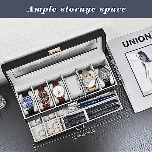 ProCase ProCase Watch Box, 6 Slot Watches Display Case with Drawer, Mens Watch Case with Glass Lid, 2-Layer Mens Jewelry Organizer Storage Holder, Birthday Valentine Gifts for Men -6 Slot, Black