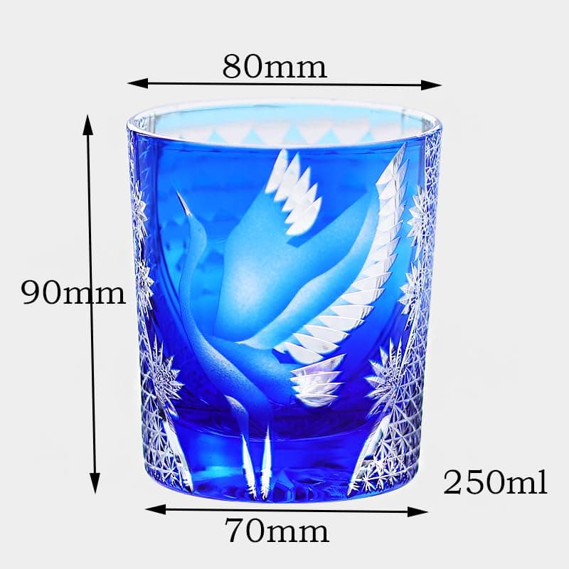 JNZHI Edo Kiriko Sunkazuru Whiskey Glass – Hand-Cut Pine and Crane Design Crystal Rock Glass for Scotch, Bourbon, Cocktails – Japanese Traditional Art Crafted Barware, Gift for Holidays (blue)