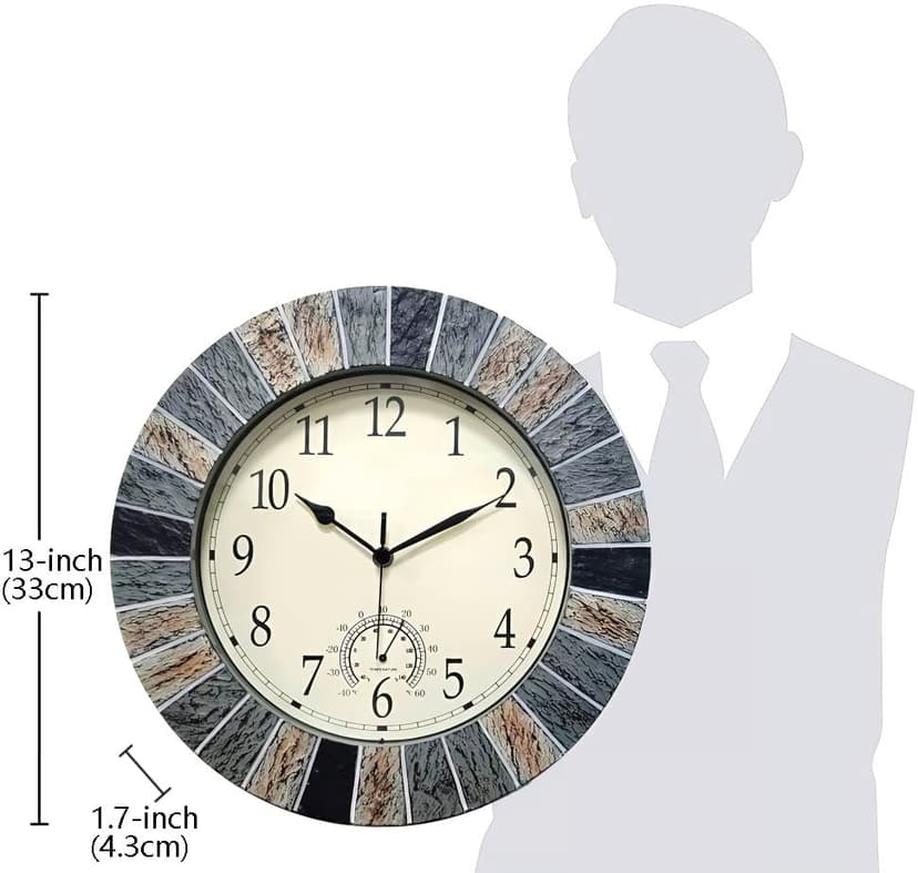 UMEXUS Outdoor Clock with Thermometer, 13 Inch Retro Large Waterproof Wall Clocks Indoor Silent Non-Ticking Battery Operated Weatherproof Decor for Garden Kitchen Bathroom Mother Gift
