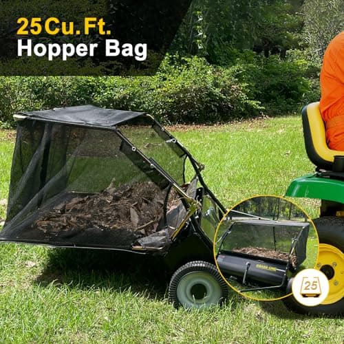 Grass One 44 Inch Tow-Behind Lawn Sweeper with 25 Cu.Ft Hopper Bag, Adjustable Brush Height & Easy Dump-from-Seat – Picks Up Leaves, Grass & Yard Debris, Garden Gift