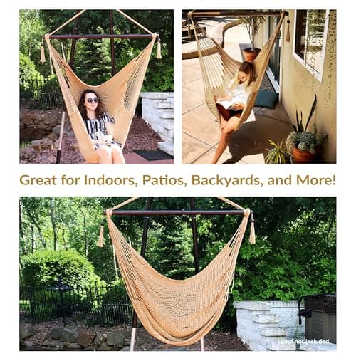 Sunnydaze Outdoor Hammock Chair Swing for Reading - Hanging Hammock Swing for Indoor or Patio - 300lb Capacity - Caribbean XL - Tan