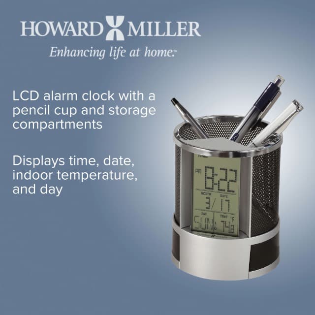 Howard Miller Desk Mate Tabletop Clock with Storage Compartment, LCD Display, Pen Holder, Snooze Function, Temperature Display, LED Light Table Clock for Home Office, Desk & Bedroom Use