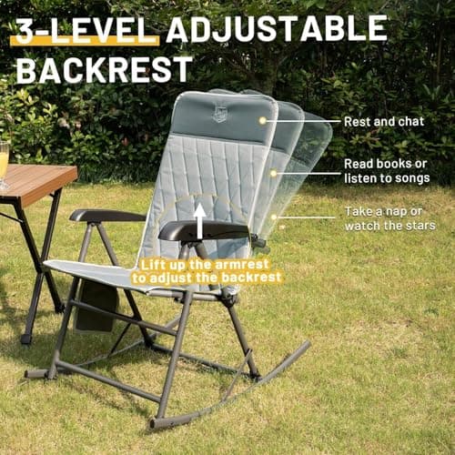 Timber Ridge 3-Level Adjustable Rocking Camping Chair, Padded High Back Outdoor Rocking Chair with Side Pocket, Portable Folding Rocker for Adults, Supports 300 LBS for Lawn, Patio, Porch