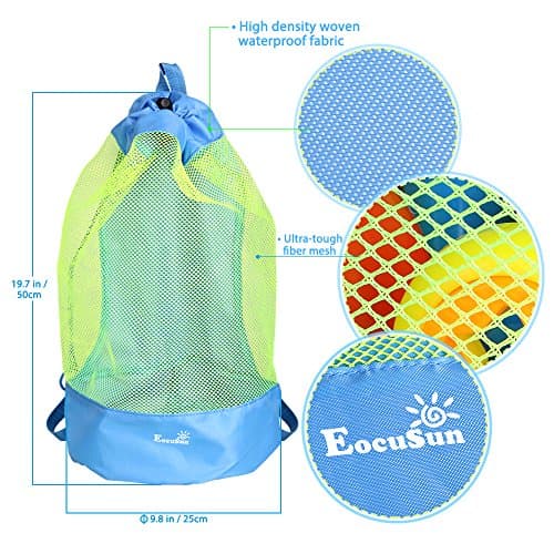 EocuSun Large Mesh Beach Bag Tote Durable Sand Away Drawstring Beach Backpack Swim and Pool Toys Balls Storage Bags Packs, Stay Away from Sand and Water, Toy Not Included