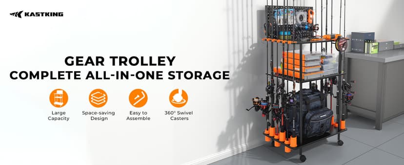 KastKing V10 Gear Trolley, Indoor Fishing Rod Holder for 10 Combos, 3-Tier Fishing Accessory Shelves With Peg Wall, Patented Built-in Line Spooler, Mobile Tackle Storage Cart With Locking Wheels