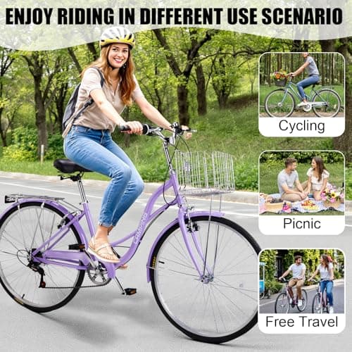 26" Cruiser Bike Commuter Bike 7 Speed Women's Bicycle Beach Cruiser with Ergonomic Upright Design, Adjustable Saddle, Dual Fenders & V Brake and High Carbon Steel Frame