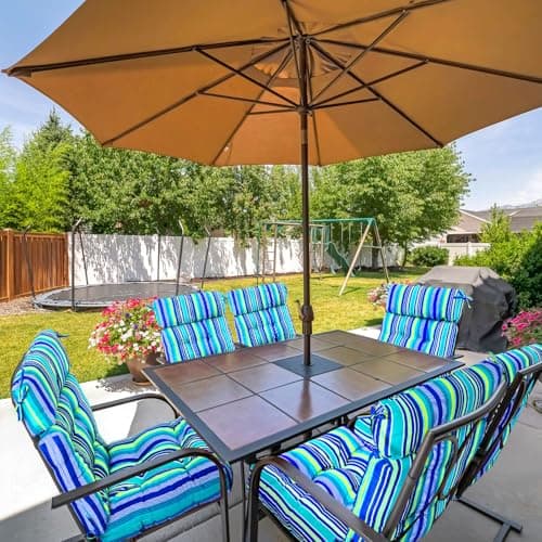 Barydat 4 Pcs Tufted High Back Chair Cushion Indoor Outdoor Seat and Back Cushions Palm Leaves Tropical Plants Lawn Rocking Chair Pads with Ties for Adirondack Patio Garden(Blue Stripes)