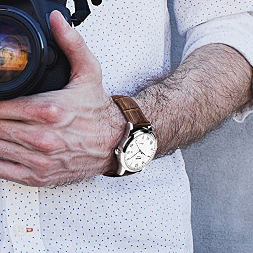 cofuo Mens Leather Band Quartz Watch, Men's Analog Business Working Roman Numeral Casual Waterproof Watches with Calendar Date Daily Dress Fashion Wristwatch - Brown