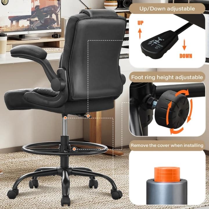 Ergonomic Drafting Chair,Tall Office Chair for Standing Desk with Flip-Up Armrests,Adjustable Foot Ring & Height, High Leather Executive Office Chair for Home,Drawing or Counter Height Use