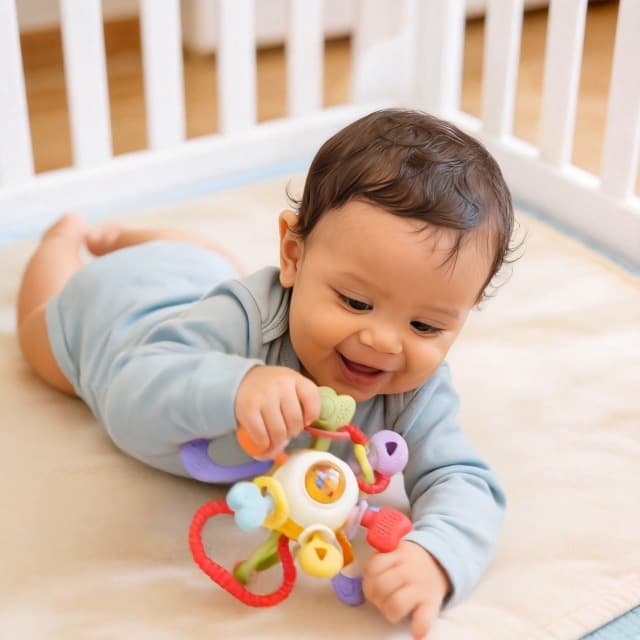 Baby Montessori Sensory Teething Toy - Safe, Multi-Functional BPA-Free Silicone Teether for Babies 0-12 Months - Teething Relief & Fun Play with Rattle - Perfect Baby Toys for Boys & Girls