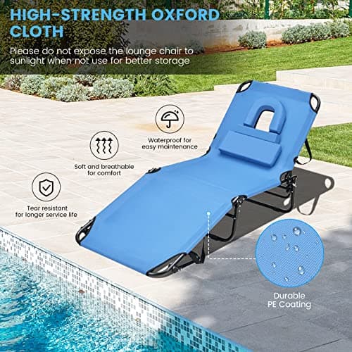GYMAX Tanning Chair, 330lbs Beach Lounge Chair with Face Hole, Washable Pillow & Carry Strap, Adjustable Folding Chaise Lounge, Layout Lounger for Outside, Patio, Poolside, Lawn (1, Blue)