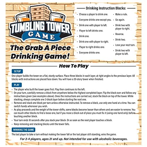 ArtCreativity Tumbling Tower Drinking Games for Adults, with 4 Glasses and 48 Wooden Blocks with Challenges, Fun House Adult Party Games for Game Night, Great Gift Idea for Everyone