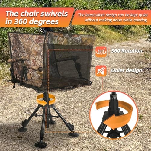 FUNHORUN Hunting Chair with Removable Camouflage Cover, 360 Degree Silent Swivel Hunting Seat with Adjustable 4 Legs Height and Armrests, Tool-Free Foldable Ground Blind Chair, Portable Seat