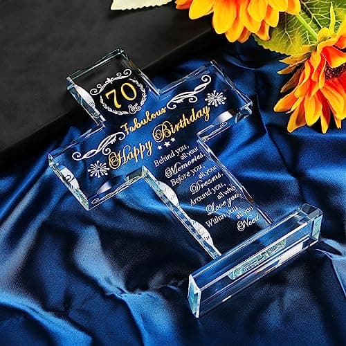 70th Birthday Cross Gifts for Women, Men, Standing Glass Keepsake for 70 Year Old Birthday Religious Presents for Mom, Dad, 70th Fabulous Birthday Gifts Ideas