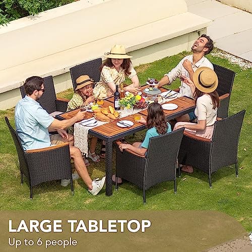 Devoko Dining 7 PCS Furniture, Patio Conversation Set with Acacia Wood Table Top, Outdoor, Beige Cushion and Black Rattan