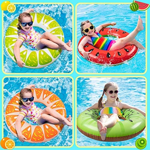 90shine 7PCS Fruit Pool Floats: Watermelon Kiwi Orange Lemon Swimming Rings with 13.5" Beach Balls - Inflatable Tubes Floaties Toys for Kids Adults