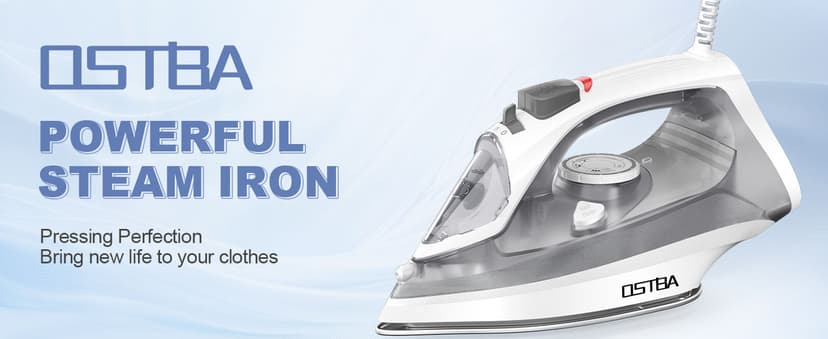 OSTBA 1600W Steam Iron for Clothes with Rapid Heating Nonstick Soleplate, Precise Thermostat Dial, Self-Cleaning, Anti-limescale, Drip Stop Function, 300ml Water Tank Clothes Iron