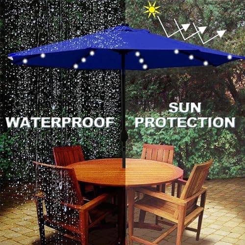 Blissun 9 ft Solar Umbrella 32 LED Lighted Patio Umbrella Table Market Umbrella with Tilt and Crank Outdoor Umbrella for Garden, Deck, Backyard, Pool and Beach (Navy Blue)