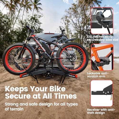 Ebike Rack with Ramp for 2 E-Bikes, Hitch Bike Rack Fits 5" Fat Tire, Heavy-Duty Platform Carrier with Ramp, Foldable Tilting Locking, 2" Receiver for Cars SUVs Trucks, No Assembly