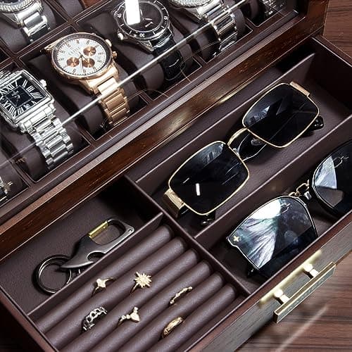 KAMIER High End Watch Box for Men, 12 Slot Wooden Watch Case With Drawer, Watch Display Box with Glass Lid, 2-Layer Watch Holder for Jewelry and Watch Storage for Men Women , Ideal for Gift (With Gift Box)