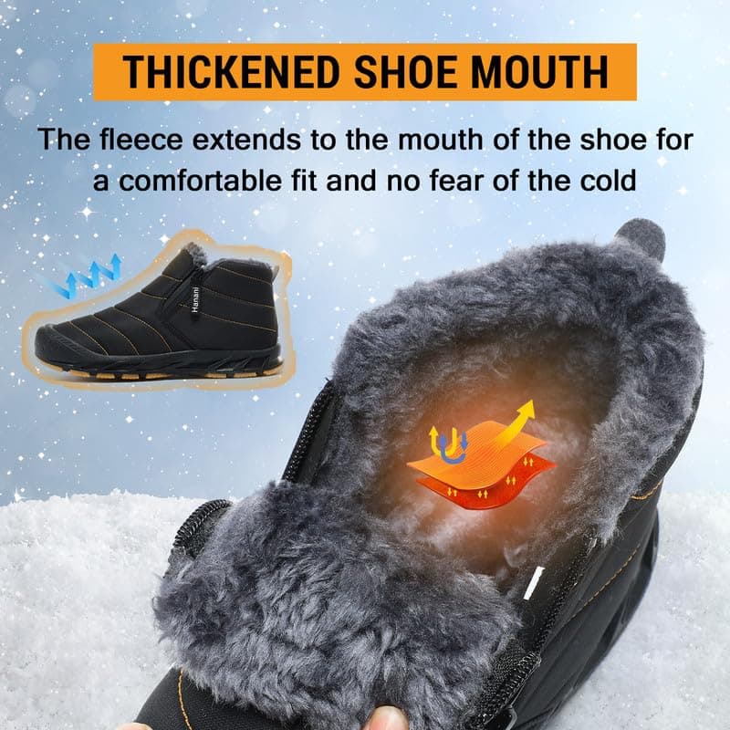 Hanani Mens Snow Boots Waterproof Winter Boots for Men Fur Lined Warm Ankle Boots Zipper Closure Slip on Outdoor Boot Comfortable Walking Shoes