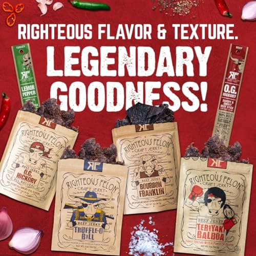 Righteous Felon Savory Beef Jerky Variety Gift Pack - Great Gifts for Men | Gluten Free, High Protein Healthy Snack | Bulk Beef, Pork, & Turkey Jerky Variety Snack Packs | The Savory 6 Pack Sampler