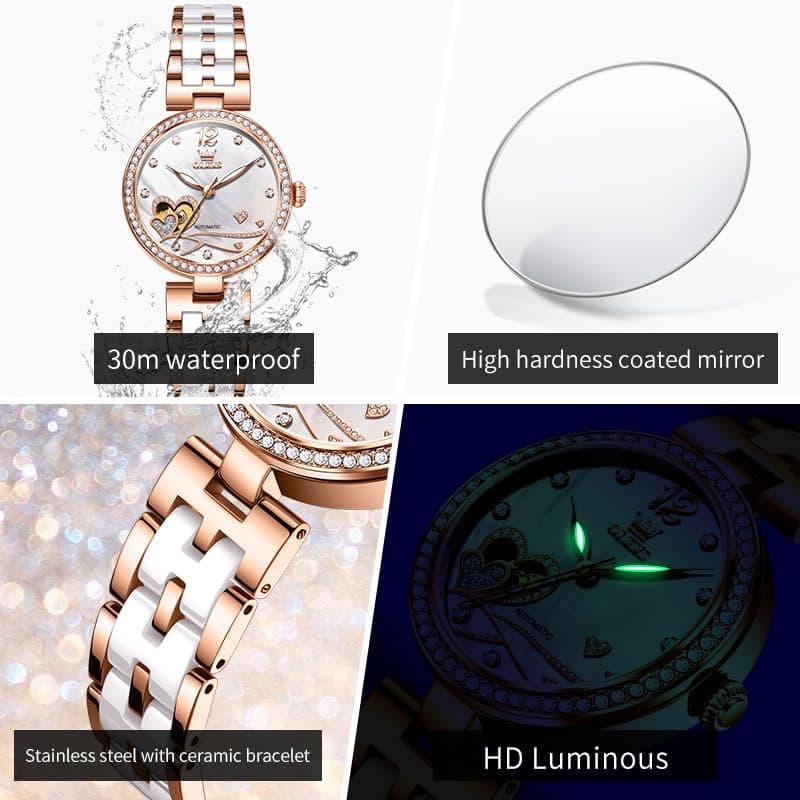 OLEVS Womens Watches Automatic Luxury Dress Ladies Watch Ceramic Strap Rose Gold Self Winding Female Wrist Watch