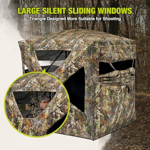 TIDEWE Hunting Blind 270°Full See Through with Windproof Curtain, Silent Magnetic Door & Sliding Windows, Pop Up Ground Blind with Carrying Bag, 300D Portable Tent